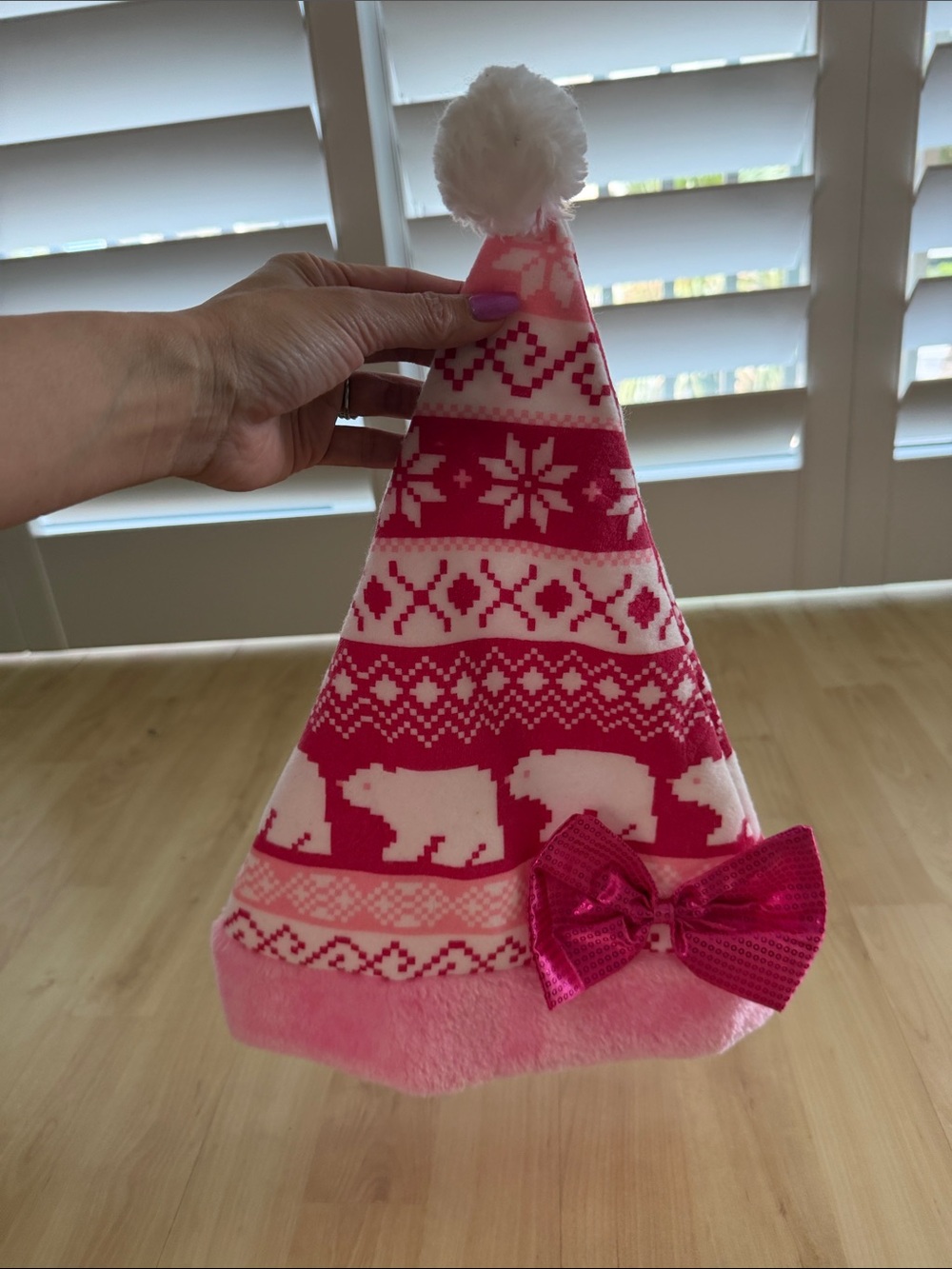 Pink Holiday Polar Bear Pom Pom Hat with Bow
